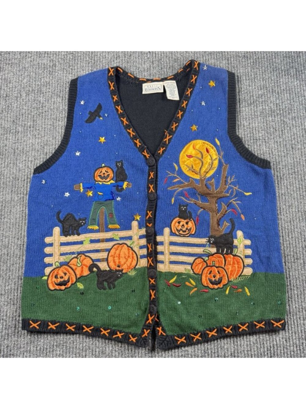 Vintage Basic Editions Halloween Vest Womens Large Knit Pumpkin Black Cat Sequin